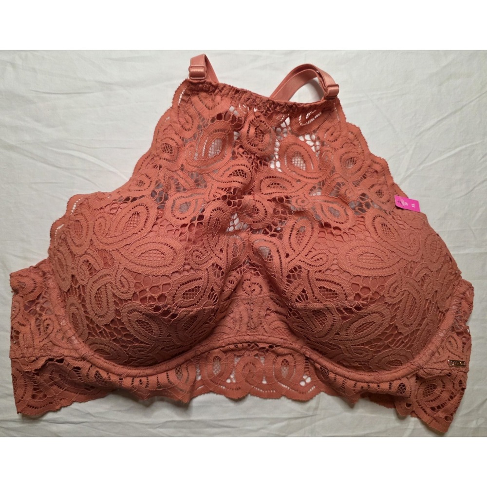 Victoria's Secret PINK Lace Push Up Bra High Neck Halter Brown XL NWOT